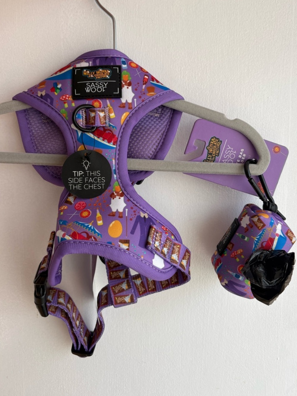 Sassy Woof WILLY WONKA & THE CHOCOLATE FACTORY Dog Harness & Waste Bag Holder XS